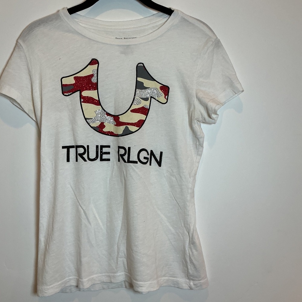 True Religion Graphic T-Shirt Womens XS White Excellent Camo Rhinestone Logo Tee